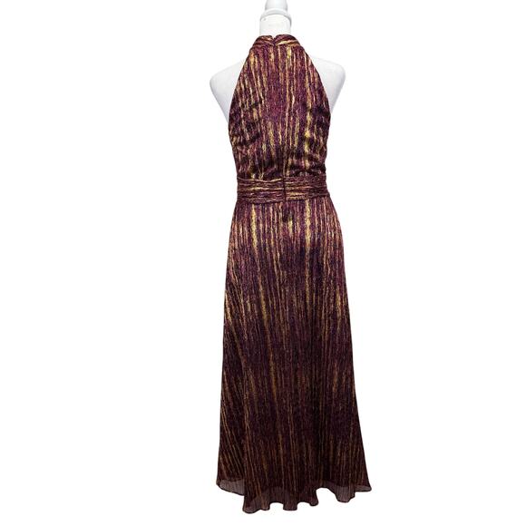 ML Monique Lhuillier Metallic Pleated Halter Midi Cocktail Dress Purple Gold 2 - Picture 6 of 14